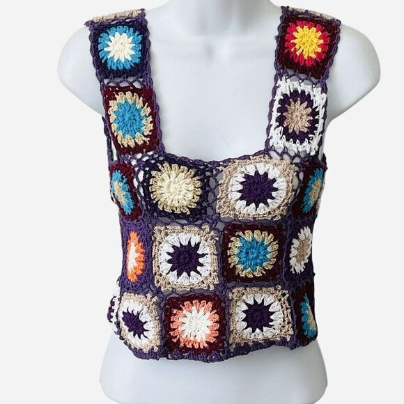 Wild Orange Tree Crochet Handmade Crop Top M Granny Square Boho Cottage Core - Picture 1 of 9